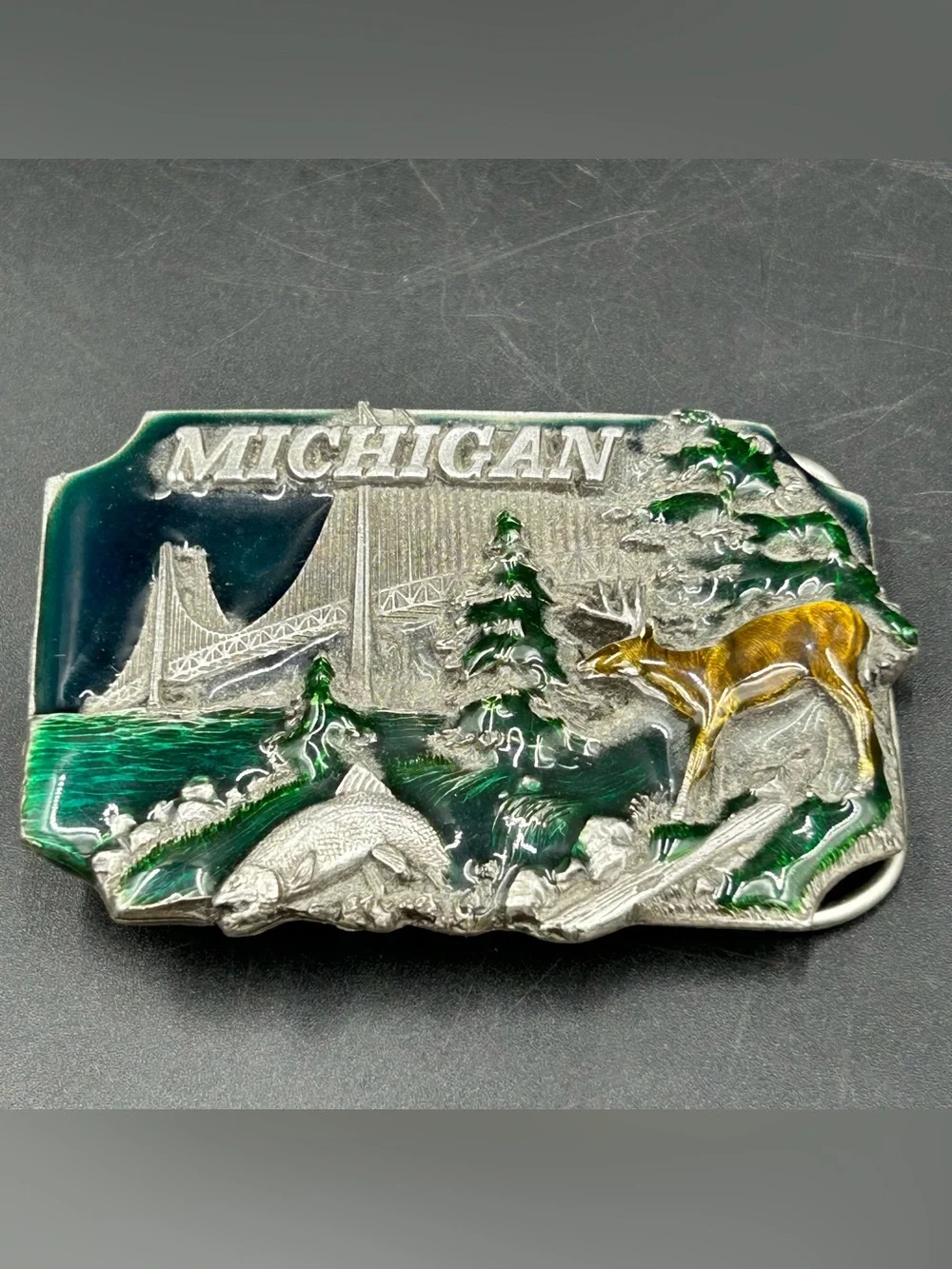 Vintage 1989 Siskiyou Michigan Belt Buckle Mackinac Bridge Deer Fish USA